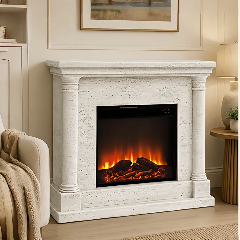 44.5"W Freestand Electric Fireplace With Remote Control, Ivory Travertine