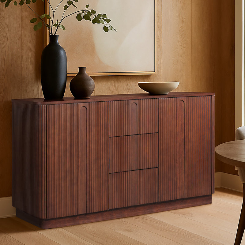 Potomac Reeded 3-Drawer Solid Wood Sideboard Cabinet with 2 Doors and Adjustable Shelves for Dining or Living Storage, Walnut