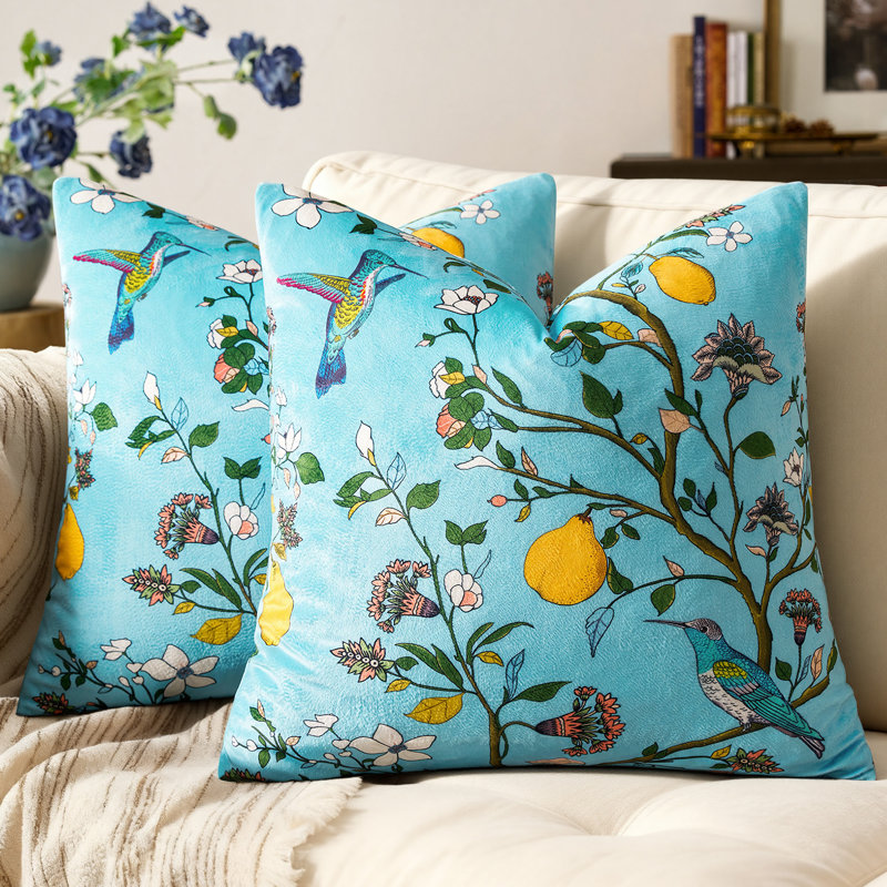 Velvet Floral Hummingbird Pillow Covers, Whimsical Home Decorative Sofa Bed Covers, Square 18", Blue