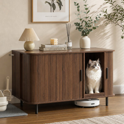 37.4" Hidden Cat Litter Box Enclosure Furniture with Scratch Pad, Sliding Tambour Door Cat House TV End Table