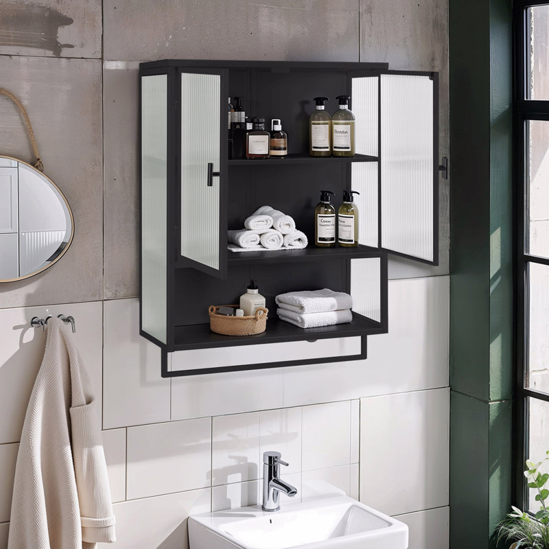 Armoire murale moderne à deux portes en verre 23,62 po avec rangement fermé à deux niveaux, tablette ouverte et porte-serviettes
