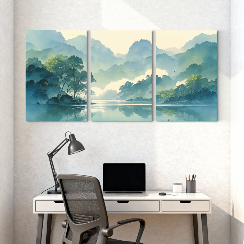Paysage et nature montagne lac forêt brume réflexion ciel arbres eau ensemble de 3 impressions sur toile, H 30 po x l 60 po