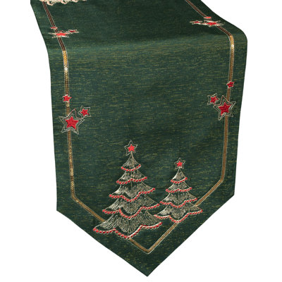 Table Runner Gold Scrollwork Christmas Trees Green Linen 14Wx90L