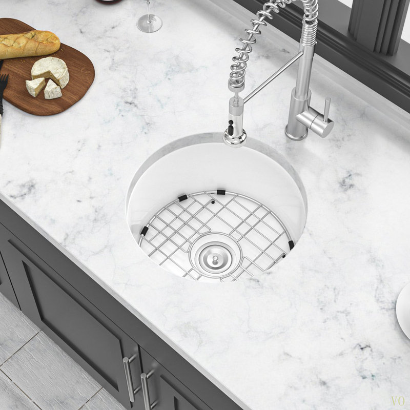 18 Inch Dual Mounted Single Bowl Ceramic Circular Kitchen Sink With Drain Assembly And Bottom Grid