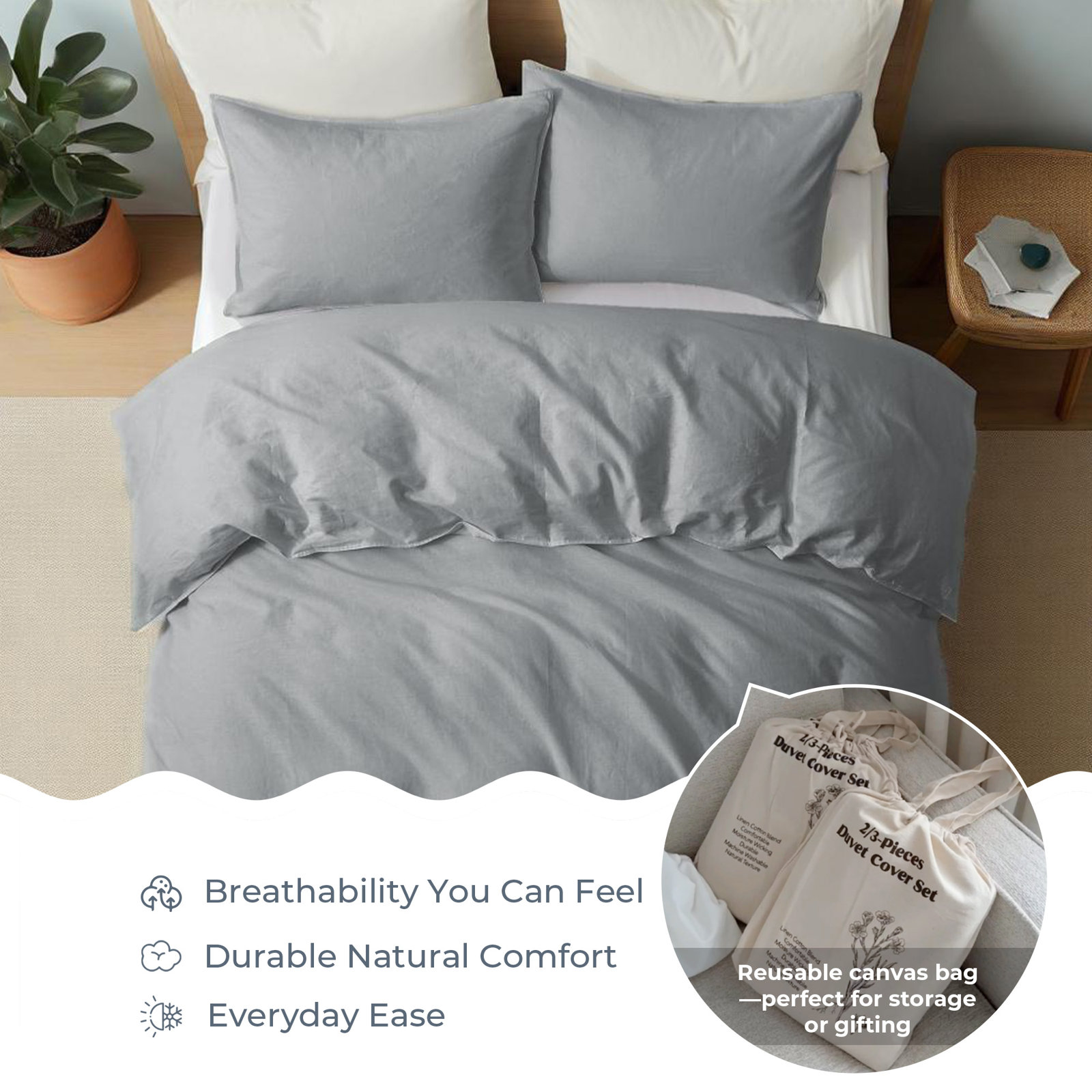 Boseman Linen Duvet Cover Set, Gray, Queen Duvet Cover + 2 Standard Pillowcases