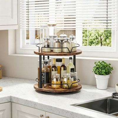 2-Tier Wooden Lazy Susan Organizer With Smooth Rotation For Spices, Condiments, And Craft Supplies, Compact And Versatile Kitchen Countertop Solution
