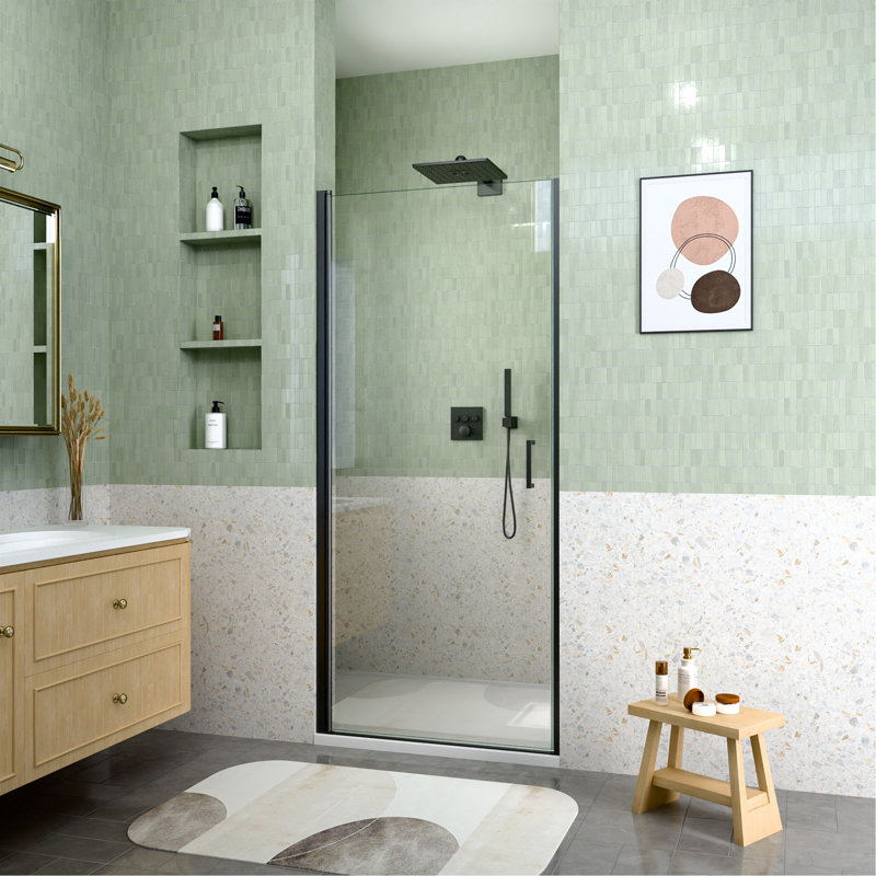 34" W X 72" H Semi-Frameless Circular Pivot Shower Door In Matte Black With 1/4" (6Mm) Thick SGCC Tempered Glass, Matte Black