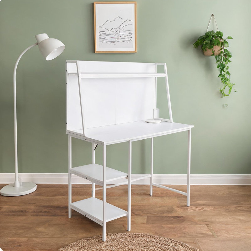 Bureau d'ordinateur avec tablettes, finition blanche compacte, plateau rectangulaire en bois aggloméré et structure en acier