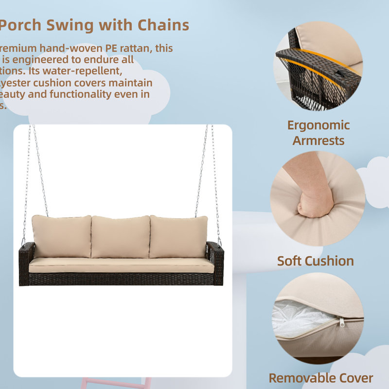 Patio Pe Wicker Swing, banc de balancelle avec 2 cordes suspendues, Beige, Brun