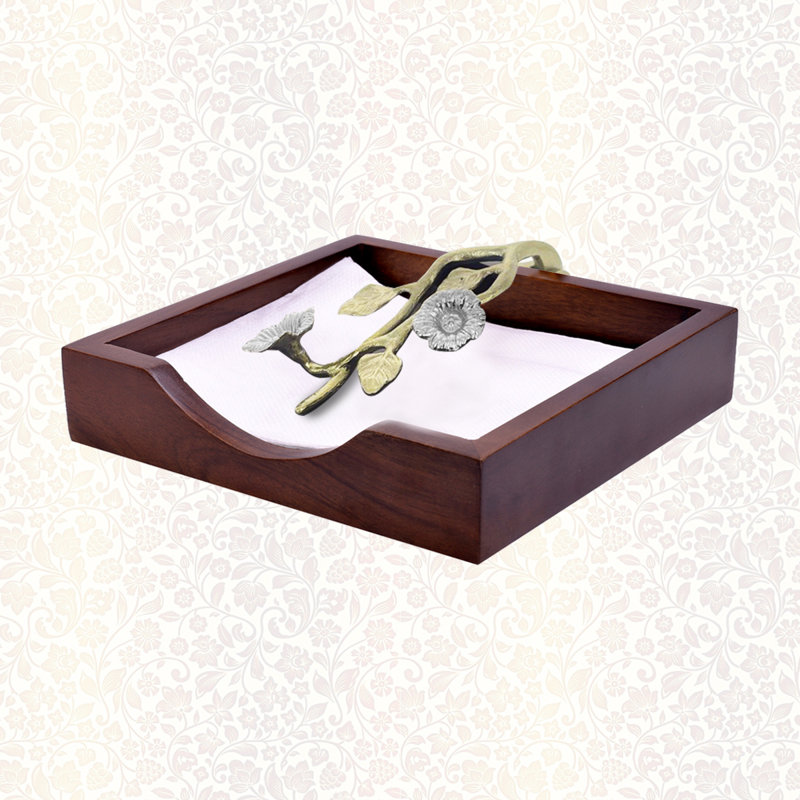 Rustic Wood Napkin Holder with Floral Metal Arm – Christmas Table Decor and Holiday Gift for Home