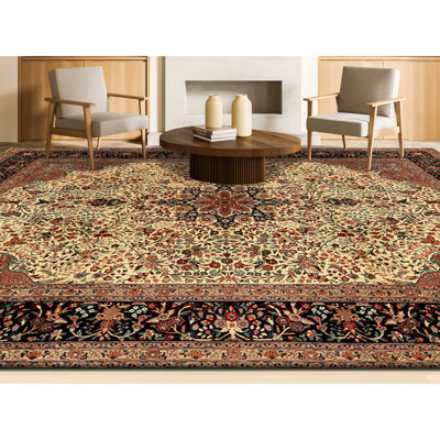 Tapis ivoire et bleu marine noué à la main de haute qualité