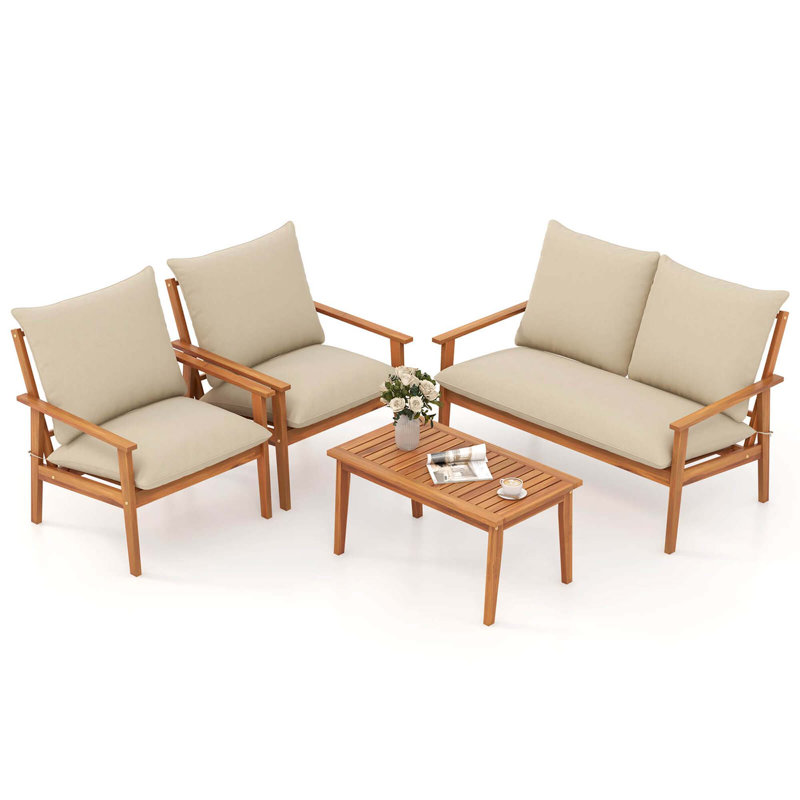 Set of 4 Patio Acacia Wood Furniture Set w/ Soft Cushions & Coffee Table