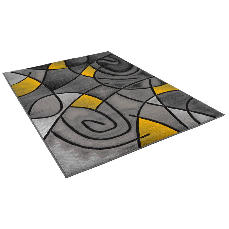 Tapis jaune à motif abstrait Richawara, Rectangle 5 pi x 7 pi
