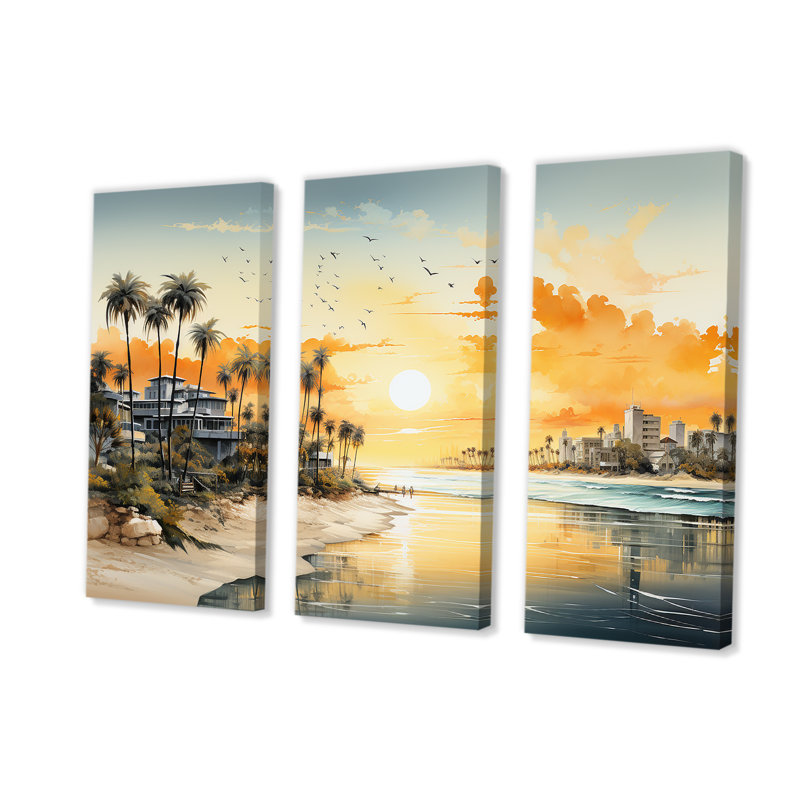 Paysage urbain côtier coucher de soleil - art mural coucher de soleil côtier, Toile tendue, H 32 po x l 48 po x P 1 po