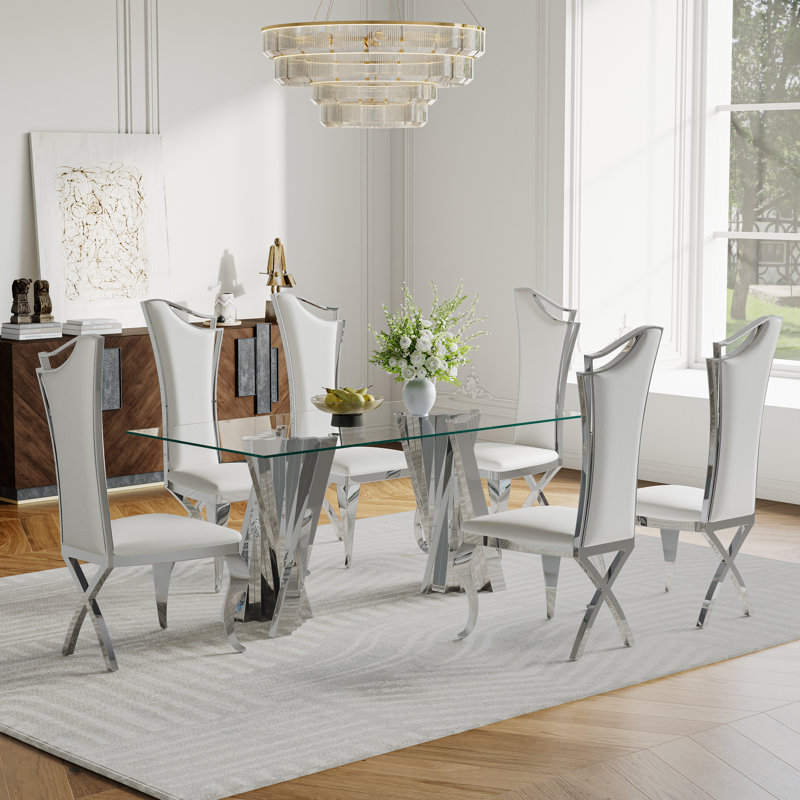 Ensemble repas, Argent argent, Blanc / argenté, 7 pièces : table, 6 chaises