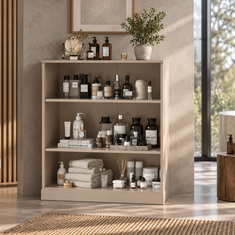 Armoire de salle de bain 100% bois massif avec tablettes réglables, H 35,75 po x l 32 po x P 15,5 po, Beige