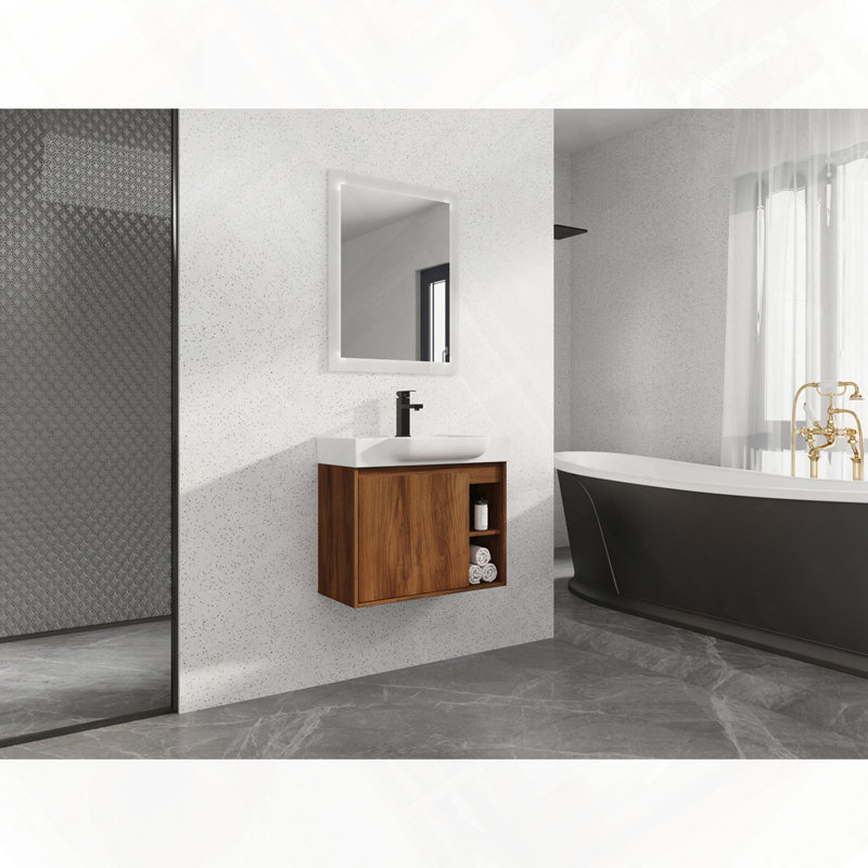 Wall-Mounted Bathroom Vanity With Ceramic Sink Soft-Close Door, 27", Brown Ebony