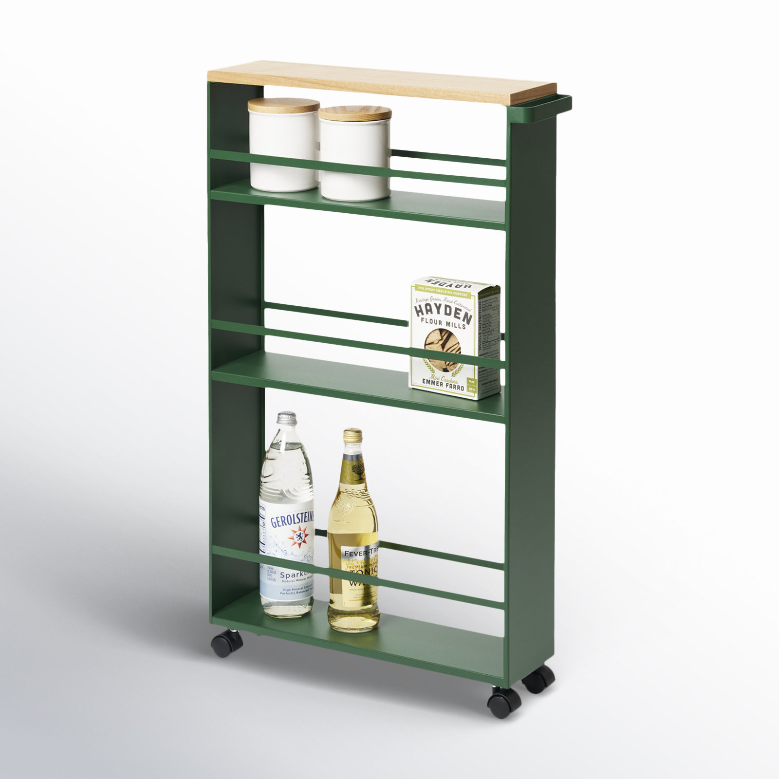 Tower Yamazaki Home Rolling Slim Storage Three Tier Utility Cart With Handle, Steel, Handle, Wheels, Forest Green