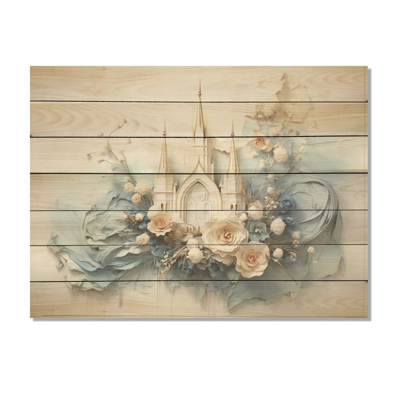 Imprimé floral de la cathédrale de la Renaissance bleu et blanc sur bois, H 24 po x l 32 po