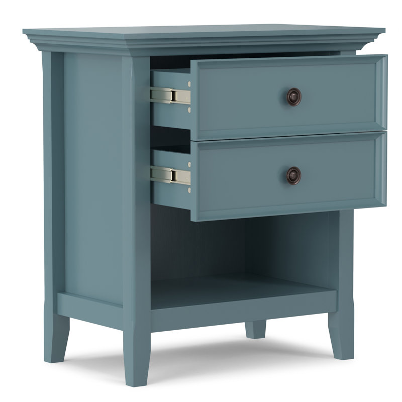 Table de chevet transitionnelle en bois massif l 24 po Amherst avec 2 tiroirs et tablette de rangement ouverte
