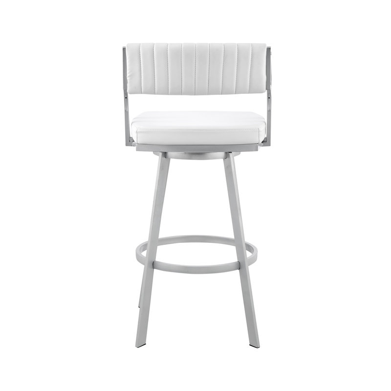 Tabouret de bar rotatif 26 po avec repose-pieds Orlen, similicuir blanc et base en métal argenté Orlen