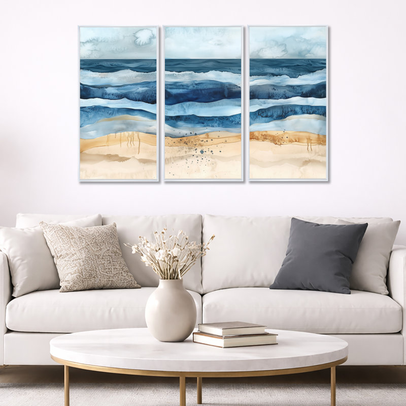 «Blue Sand Canvas», art mural abstrait côtier - ensemble d'art mural encadré sur toile 3 pièces Latrell, H 32 po x l 48 po