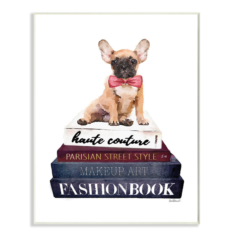 « mode designer animal dog bookstack blue red », impression, Plaque de bois, H 15 po x l 10 po x P 0,5 po