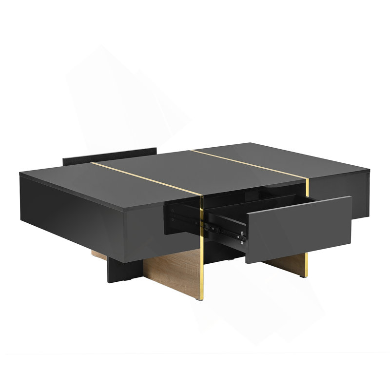 Modern Multi-Storage Rectangle Sofa Table with Golden Wood, Black