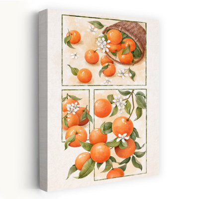 Aquarelle, oranges et fleurs, art abstrait contemporain de paysage de fruits