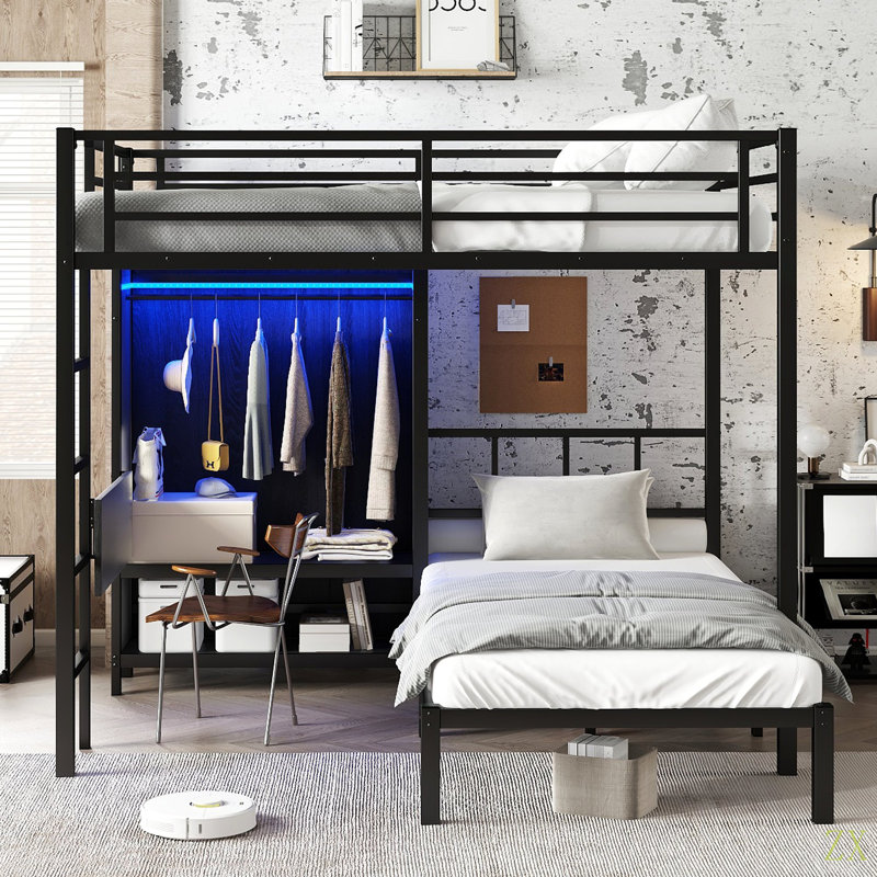 Lit superposé double au-dessus d'un lit simple en métal avec bureau pliant, garde-robe à DEL, peu encombrant / réduit le bruit