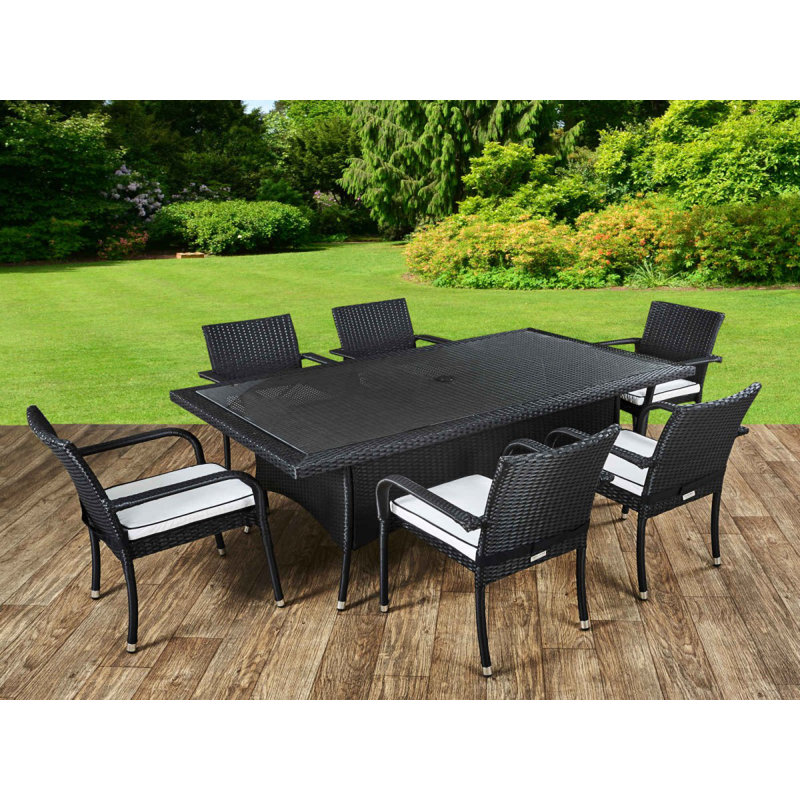 Kiska 6 - Person Patio Dining Set with Rectangular Table , Cushions Included, Black/Vanilla