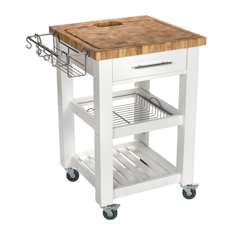 Chariot de cuisine en bois massif avec plateau de boucher et roulettes verrouillables Sydney, Blanc