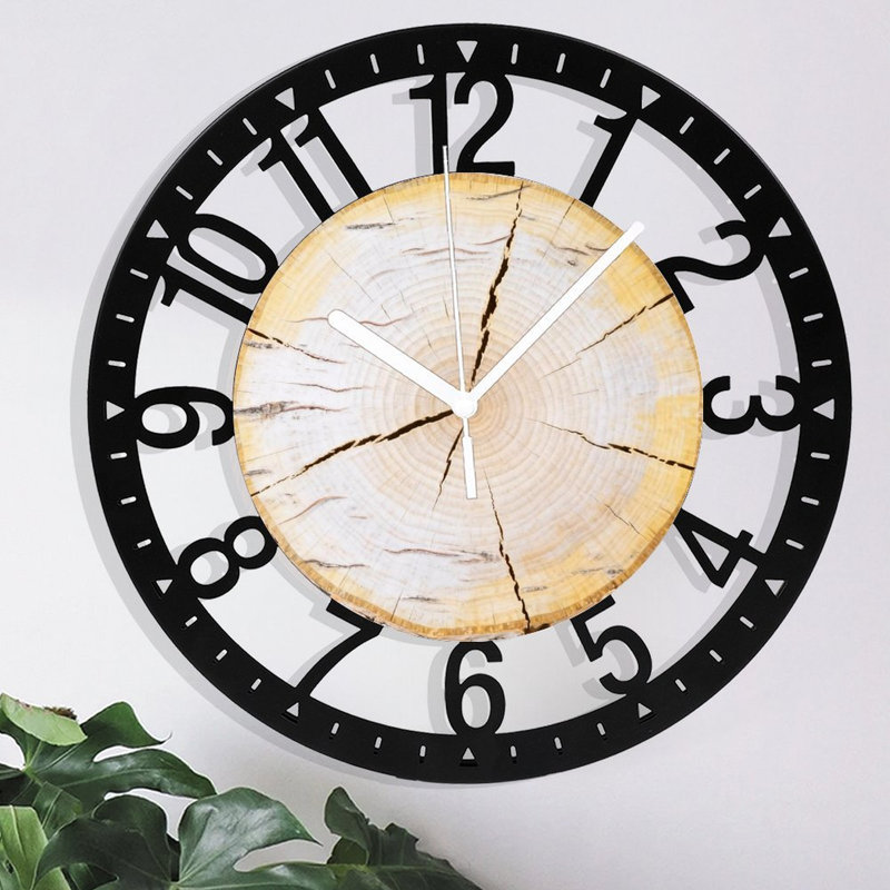 10" Round Iron Wall Clock with Silent Quartz Movement, Arabic Numerals, UV-Printed Design, Birch