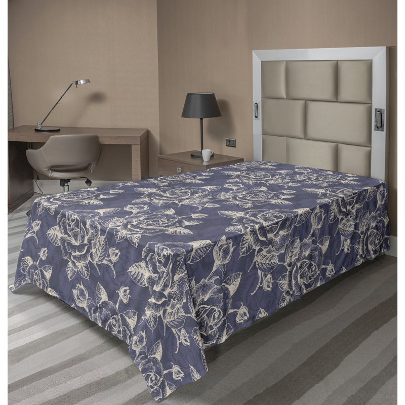 Drap plat Ambesonne Roses Fleurs sauvages rétro beige et indigo foncé, Drap plat pour lit simple