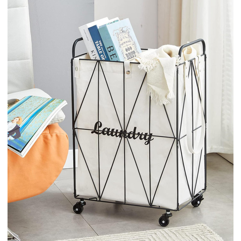 Collapsible Rolling Iron Wire Laundry Hamper, Gold