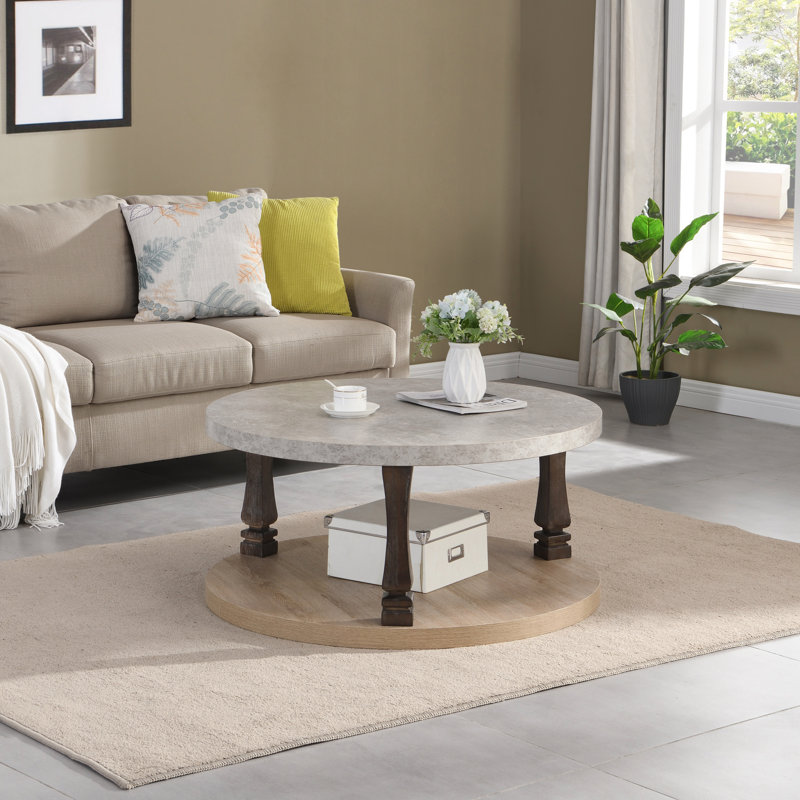 Table basse Mid-Century ronde à 2 niveaux avec tablette de rangement, gris