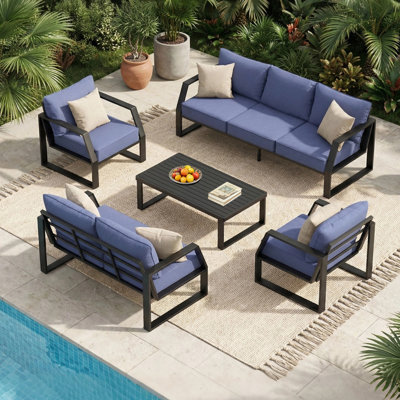 Ensemble de conversation d'extérieur moderne 5 pièces avec canapé 3 places, causeuse, fauteuils et table basse
