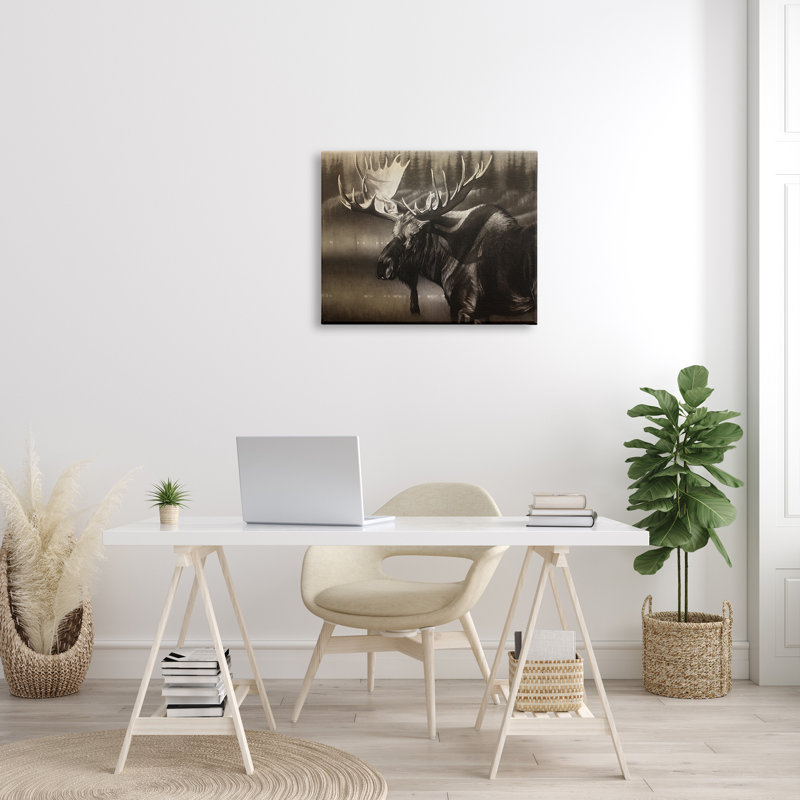 «Rustic Moose In Shadows Deep Forest Portrait Gray Farmhouse», estampe numérique encadrée, art texturé par Cole Johnson