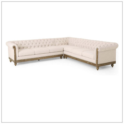 Comfy Large Sectional Sofa With Wooden Legs, Retro Style For Living Room