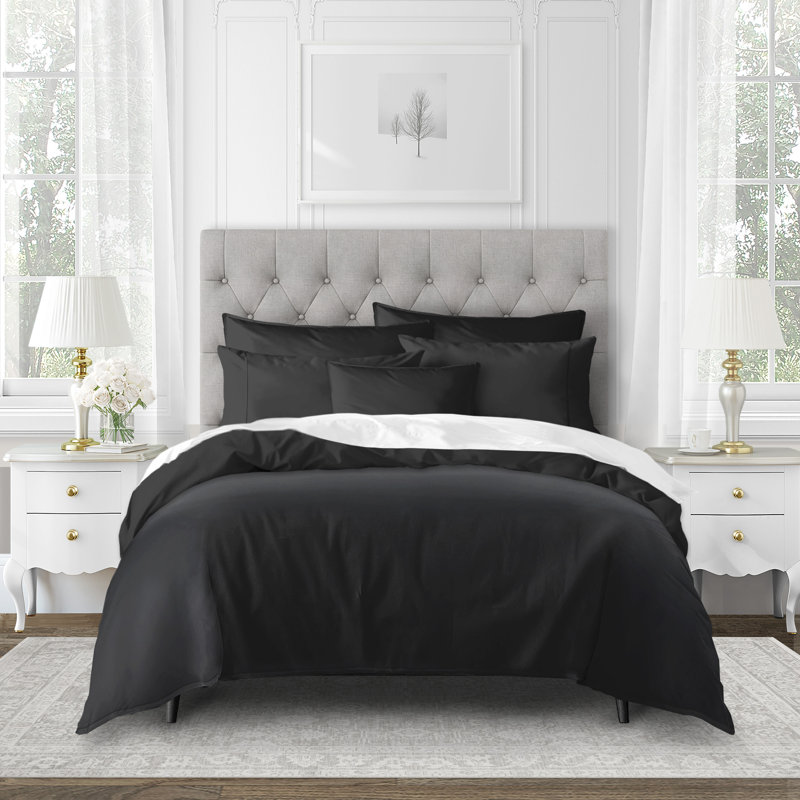 Ensemble d'édredon en coton standard 6 pièces Everleigh, Noir, Édredon grand super + 5 pièces supplémentaires