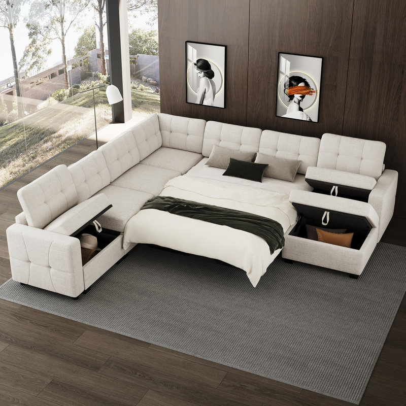 Canapé-lit modulaire en L avec rangement intégré, Beige