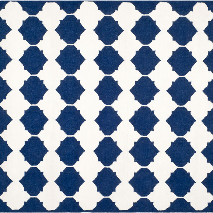 Rodgers Hand Woven Flat Weave Banana Silk/Wool/Cotton Geometric Rug in Ivory/Navy, Square 7'