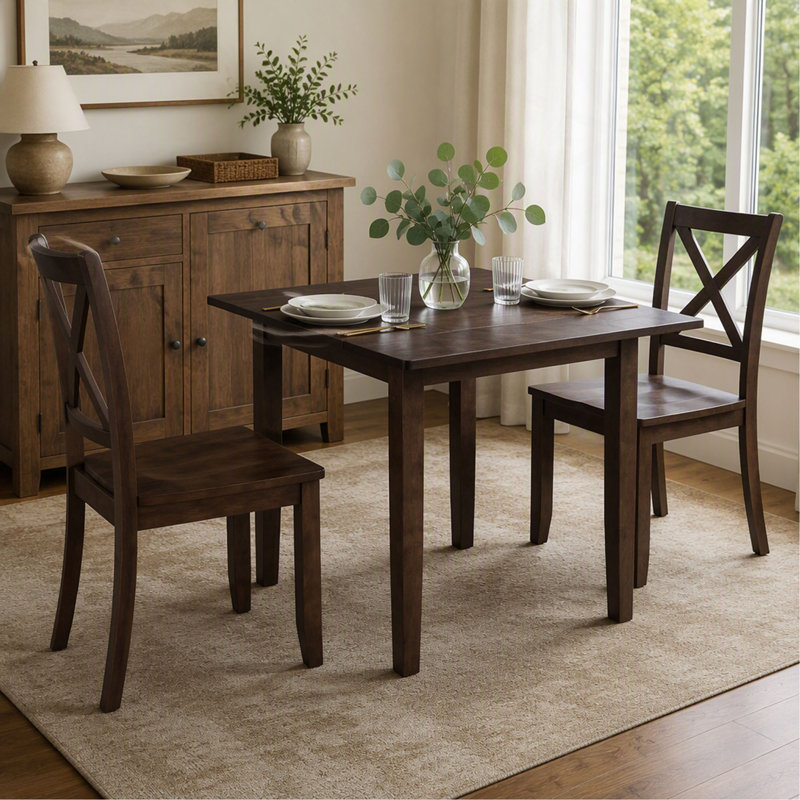 Ensemble table et chaises de coin repas 3 pièces en bois avec abattants et 2 chaises à dossier en X, idéal pour les petits espaces, couleur espresso