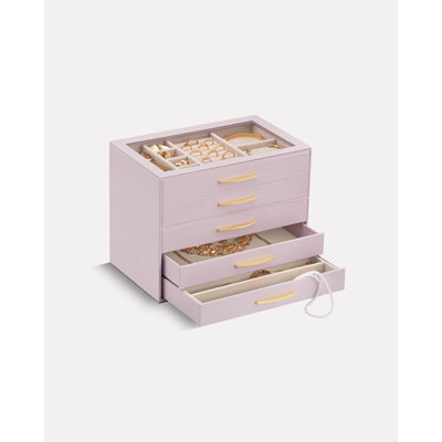 Jewelry Box Organizer Case with Glass Lid for Women, Gift for Women -5 Layer, Pink