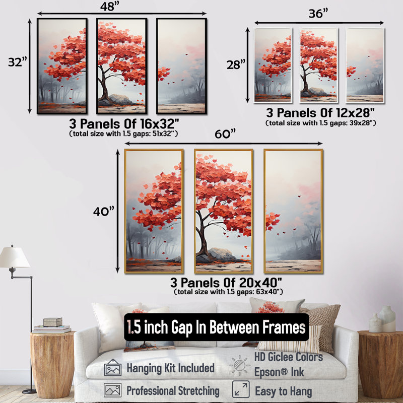Fiery Red Maple Tree - Tree Maple Wall Art Print Set, White Floater Framed, 32" H x 48" W x 1" D