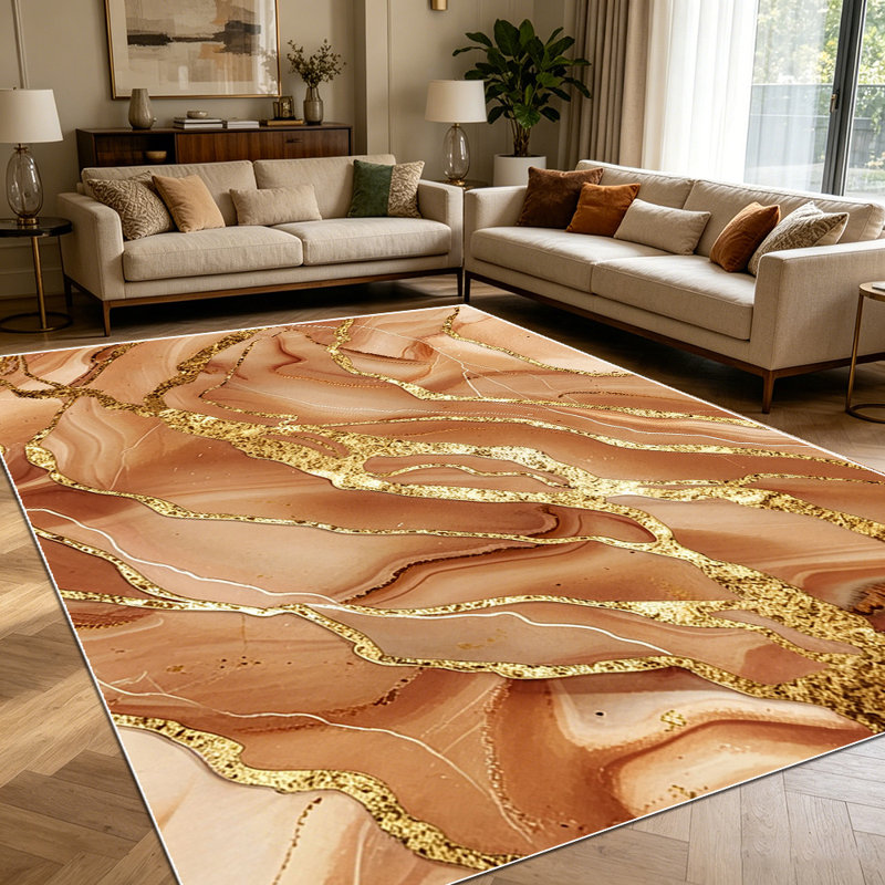 1PC Brown Gold Glitter Fluid Marble area rugs for Living Room, Soft and Comfortable, Suitable for all seasons, easy-to-maintain, machine washable Indoor floor mat, Under Table Farmhouse suitable for dining room, bedroom, entryway, kitchen,