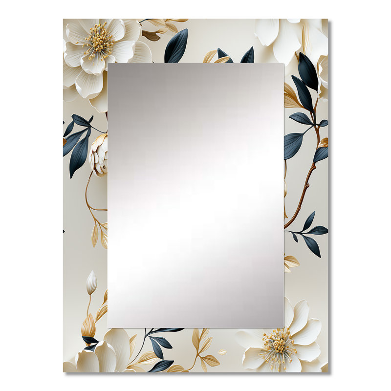 White Elegance Minimalist Floral - miroir floral, miroir mural décoratif floral, impression d'art en métal, 32 po x 24 po
