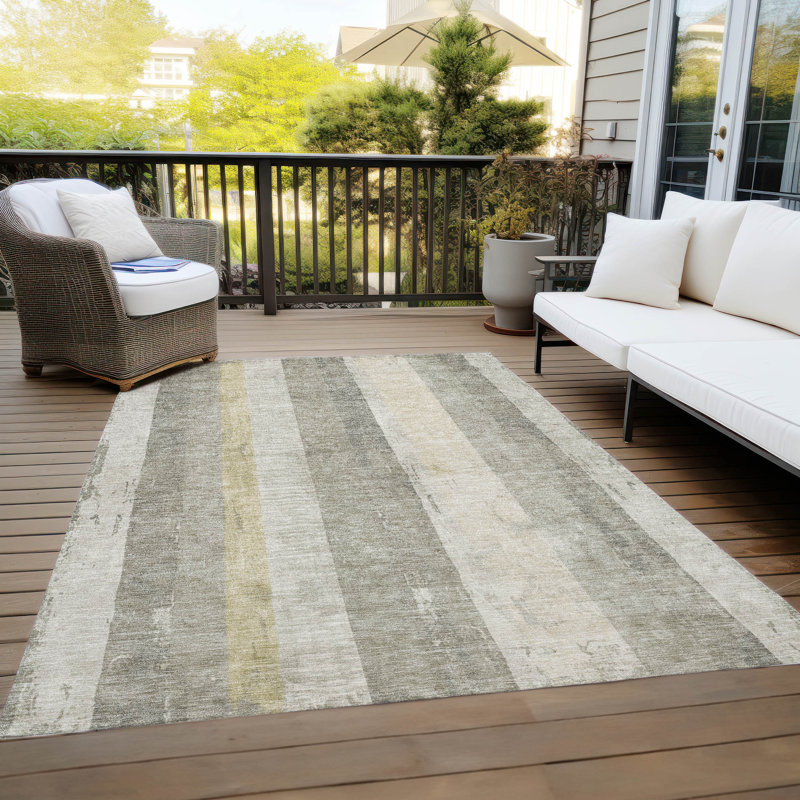 Taupe Striped Flat Woven Synthetic Washable Rug