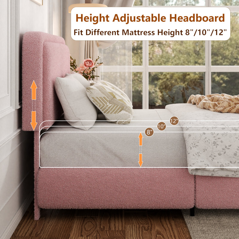 Haden Lambswool Boucle Upholstered Platform Bed Frame with Headboard, Full, Pink