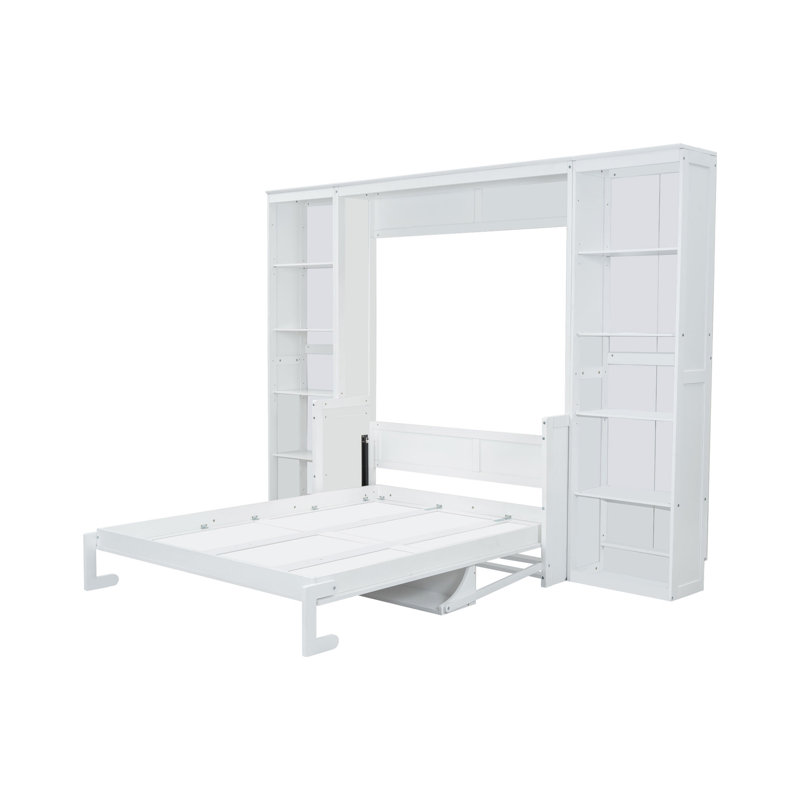 Queen Bed With Desk And Bookshelf, White - Resilient Pine Wood Build. Space Saving In Bedroom. No Spring Box Needed. Abundant Storage. Foldable Size Shelves For Central Point, Zealous &